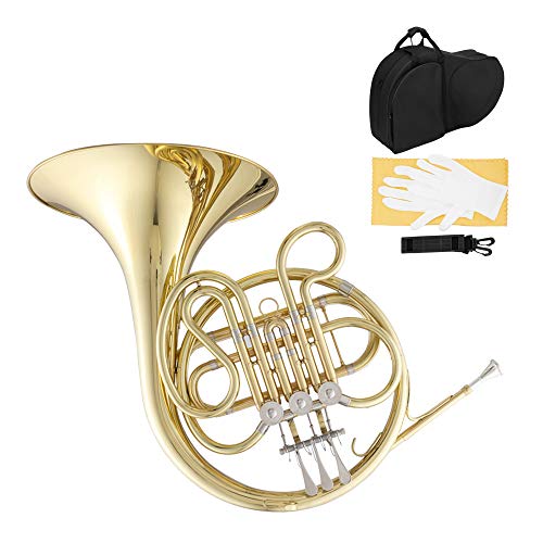 Single French Horn Key of F Standard 3-Key French Horn for Students Beginners with Pair of White Gloves,Mouthpiece,Cloth,Hard Case