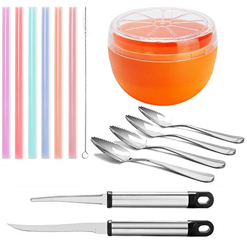 Grapefruit Spoons Knives Bowl Set – Includes Curved Serrated Grapefruit Knives, Fruit Spoons, Grapefruit Saver and Others(14 Pack)