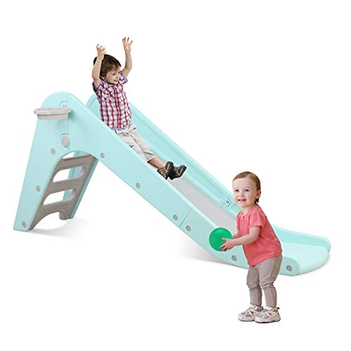 LAZY BUDDY Freestanding Kid Slide, Baby Play Climber Slide Set with Extra Long Slipping Slope and Basketball Hoop, Fun Toy Playground Equipment Indoor Outdoor Game Center, Child's Gift