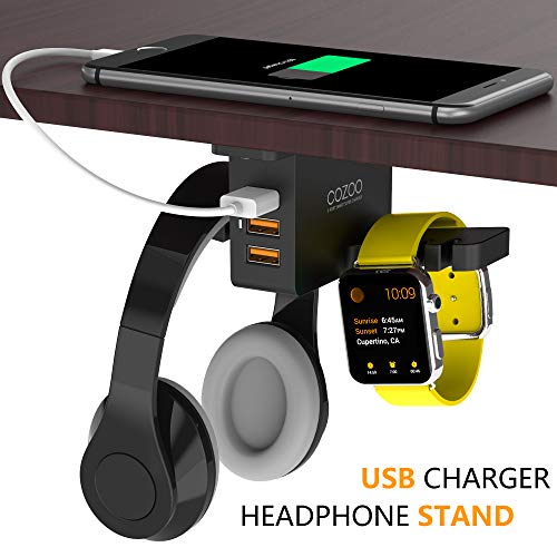 Headphone Stand with USB Charger COZOO Under Desk Headset Holder Mount with 3 Port USB Charging Station and iWatch Stand Smart Watch Charging Dock Dual Earphone Hanger Hook,UL Tested