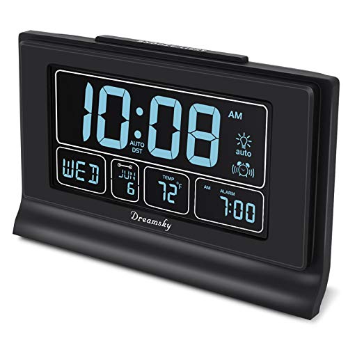 DreamSky Auto Set Digital Alarm Clock with USB Charging Port, 6.6 Inch Large Screen with Time/Date/Temperature Display, Full Range Brightness Dimmer, Auto DST Setting, Snooze, Backup Batteries,12/24Hr