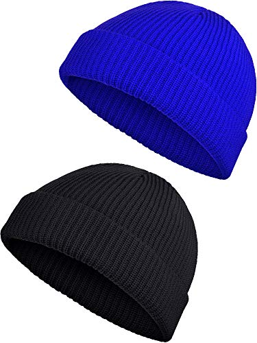 SATINIOR 2 Pieces Winter Trawler Beanie Hat Short Fisherman Skullcap Knit Cuff Beanie Cap for Men Daily Wearing (Black, Blue)