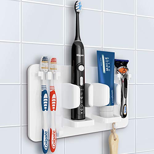 MSPAN Toothbrush Razor Holder for Shower: Bathroom Accessories Organizer Wall Mounted Hanging Mount Shelf & Hooks for Loofah | Shaver | Toothpaste | Electric Toothbrush