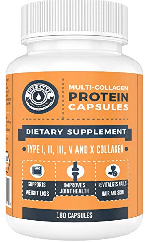 Multi Collagen Caps (Collagen Capsules 1 2 3 5 10) - 180 Count Collagen Peptide Pills. Grass Fed Bovine, Chicken & Eggshell Collagen Capsules Protein Supplement, by Left Coast Performance