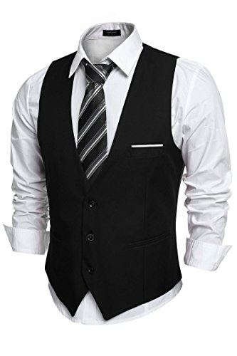 COOFANDY Men's V-Neck Sleeveless Slim Fit Jacket Casual Suit Vests,Black-02,Large