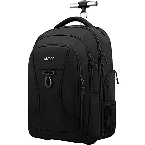 Rolling Backpack,Wheeled Laptop Backpack for Travel,Freewheel Carryon Trolley Luggage Suitcase Compact Business Bag,Wheeled Rucksack Student Computer Trolley Carry Luggage Fits 15.6Inch Laptop - Black