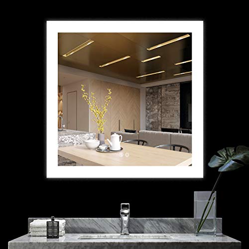 BATH KNOT Led Bathroom Mirror Lighted Backlit Wall Mounted Square Mirror with Defogger Button and Dimmable Touch Button, Very Light White Color Vanity Mirror, 36 x 36 Inch