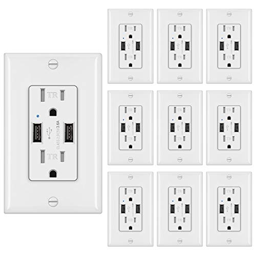 [10 Pack] BESTTEN 3.6A Dual USB Wall Outlet, 15A/125V/1875W, Tamper Resistant Receptacle, Ideal to Charge Smartphone, Tablet and Other USB Device, UL Listed, White