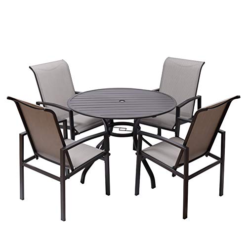 Fit Right 5 Pieces Outdoor Dining Set Patio Furniture with Metal Slat Finish, Steel Tube 38' Round Dining Table and Patio Chairs with 1‘5“ Umbrella Hole
