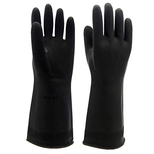 Heavy Duty Industrial Gloves, Shoou Bau, Waterproof, Reusable, Anti-Slip, Safety Work Glove Reusable Hand Forearm, Natural Latex Gloves, 14”, Black, 1 Pair, Palm Size 9.5”