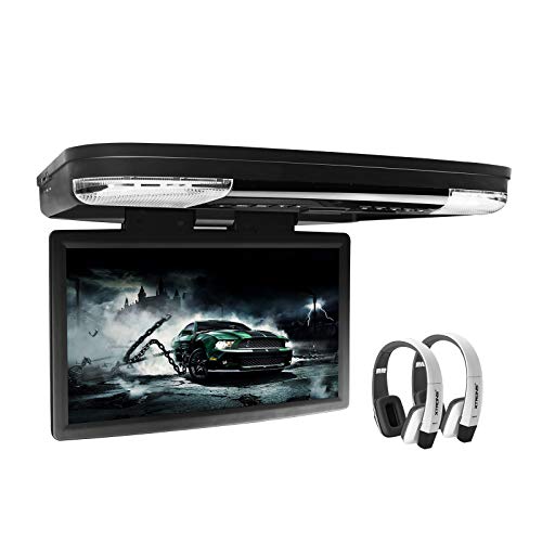 XTRONS 15.6 Inch 1080P Video HD Digital Widescreen Car Overhead Coach Caravan Roof Flip Down DVD Player Game Disc HDMI Port New Version White IR Headphones Included