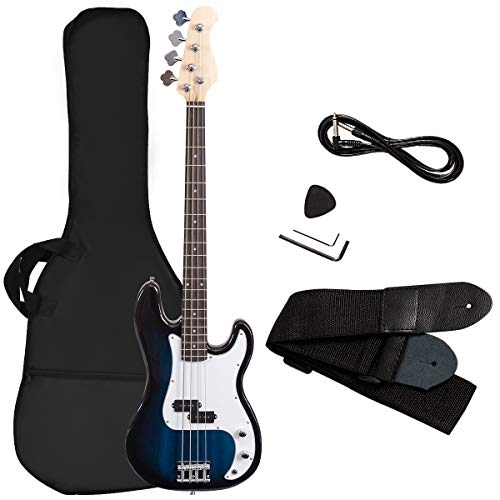 Goplus Electric Bass Guitar Full Size 4 String with Strap Guitar Bag Amp Cord (Blue Bass 4 Straps)
