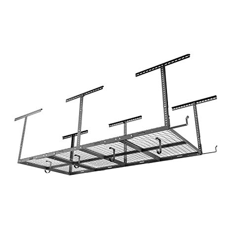 FLEXIMOUNTS 4x8 Overhead Garage Storage Rack w/Hooks Adjustable Ceiling Storage Rack, 96' Length x 48' Width x 40' Height, 22''-40' Ceiling Dropdown, Black