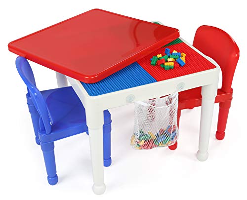 Humble Crew, White/Blue/Red Kids 2-in-1 Plastic Building Blocks-Compatible Activity Table, 20X20X17 H