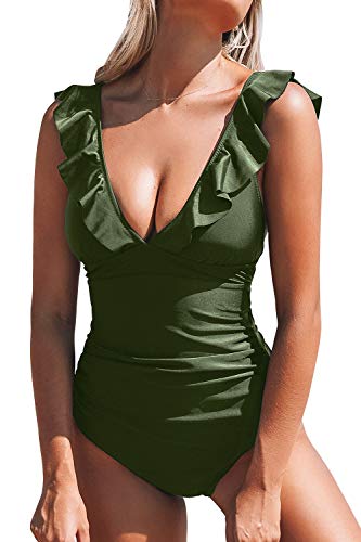 CUPSHE Women's V Neck One Piece Swimsuit Ruffled Lace Up Monokini Green