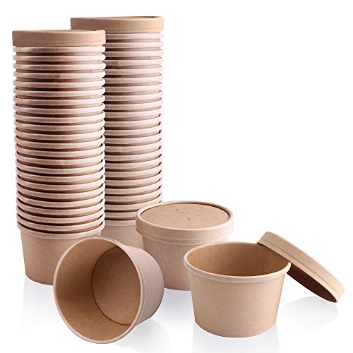 [50 Pack] 8 oz Kraft Compostable Paper Food Cup with Vented Lid - Rolled Rim Storage Bucket, Hot or Cold Dish To Go Packaging, Ramen Soup Stews Salad Frozen Dessert Yogurt Ice Cream Container