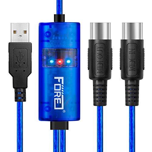 FORE MIDI to USB Interface MIDI Cable Adapter with Input&Output Connecting with Keyboard/Synthesizer for Editing&Recording Track work with Windows/Mac OS for Studio USB 2.0 Color Blue - 6.5Ft