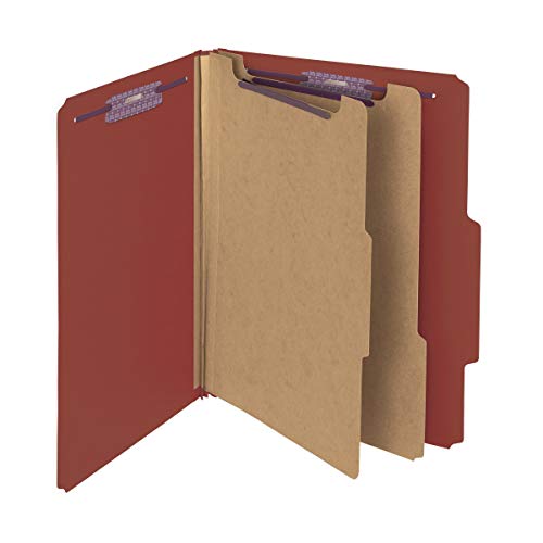 Smead Pressboard Classification File Folder with SafeSHIELD Fasteners, 2 Dividers, 2' Expansion, Letter Size, Red, 10 per Box (14073)