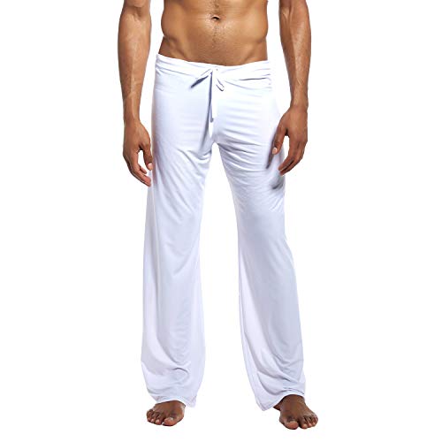 Lu's Chic Men's Loose Sleep Pants Jersey Knit Solid Loungewear Soft Classic PJ Pajama Bottoms White X-Large