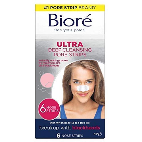 Bioré Witch Hazel Ultra Cleansing Pore Strips, 6 Nose Strips, Clears Pores up to 2x More than Original Pore Strips, features C-Bond Technology, Oil-Free, Non-Comedogenic Use (Packaging May Vary)