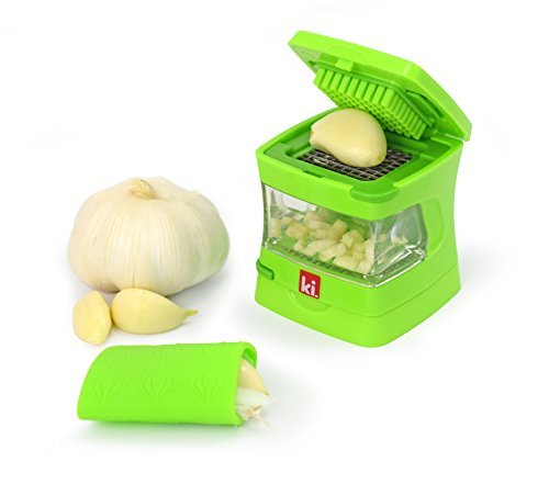 Kitchen Innovations Garlic-A-Peel Garlic Press, Crusher, Cutter, Mincer, and Storage Container - Includes Silicone Garlic Peeler - Easy to Clean - Stainless Steel Blades – (Green)