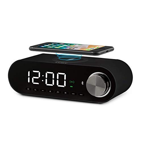 COBY Digital LED Alarm Clock Built In 10W HD Bluetooth Speakers FM Radio QI Certified Fast Wireless Charger for iPhone, Samsung and More,USB port Battery Backup Aux In, Dimmer for Bedroom, Office Desk