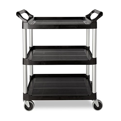 Rubbermaid Commercial Products (FG330400CLR) Heavy Duty 3-Shelf Rolling Service/Utility/Push Cart, 200 lbs. Capacity, Black, for Foodservice/Restaurant/Cleaning