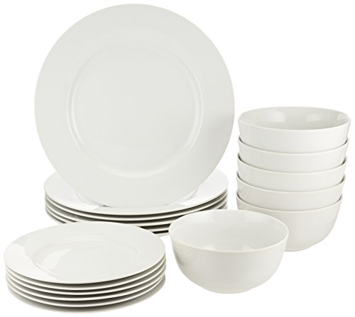 AmazonBasics 18-Piece White Kitchen Dinnerware Set, Dishes, Bowls, Service for 6