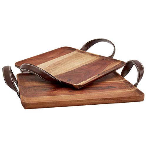 Mason Craft & More Acacia Wood Kitchen Dining Serveware Plank Tray Serving Entertaining Faux Leather Handles, Set of 2 Square Nested Acacia Trays