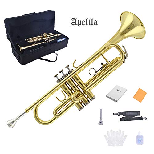 Apelila Gold Trumpet Brass Standard Bb Trumpet-Student Beginner with Hard Case,Gloves,Mouthpiece,Soft Cleaning Cloth,Strap,and Valve Oil