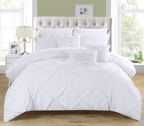 Chic Home 10 Piece Hannah Pinch Pleated, ruffled and pleated complete King Bed In a Bag Comforter Set White With sheet set