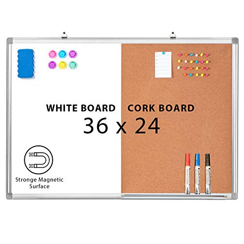 Combination Whiteboard Bulletin Cork Board 36x24 Combo White Board Magnetic Dry Erase Board + Corkboard for Homeschooling, Office, Classroom Hanging Message Board Wall Mounted