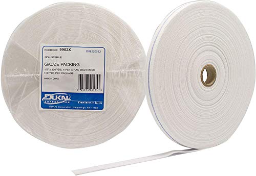Dukal Surgical Gauze Packing 1/2' x 100 Yards. Roll of Wound Packing Strip with X-ray detectable Stripe. 100% Woven Cotton. Single use, 4-ply, Latex-Free.