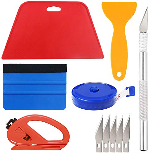 Wallpaper Smoothing Tool Kit Include red Squeegee,Medium-Hardness Squeegee, Black Tape Measure,snitty Vinyl Cutter and Craft Knife with 5 Replacement Blades for Adhesive Contact Paper Application Win