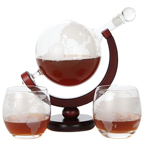 Lily's Home World Globe Whiskey Decanter with Dark Finished Wood Stand, Bar Funnel, and 2 Matching Glasses (850 ml)