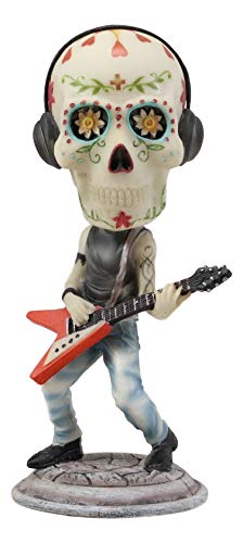 Ebros Gift Day of The Dead Skeleton Rock Band Guitar Player Guitarist with Headphones Bobblehead Statue 6.5' Tall Dias De Muertos Sugar Skull Bobble Head Musician Figurine