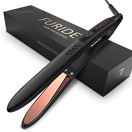 Professional Hair Straightener Titanium Flat Iron for Hair: FURIDEN Hair Straightening and Curling Iron 2 in 1 with 1 Inch Plates, Thin Flat Iron for All Hair Types with Dual Voltage, Black