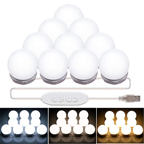 Mirror Lights,HELOIE Led Vanity Mirror Lights Kit with 10 Dimmable Light Bulbs for Makeup Vanity Table Bathroom Dressing Wall Mirror Lighting USB Cable Powered (White)