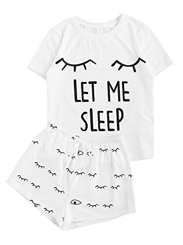 WDIRARA Women's Sleepwear Closed Eyes Print Tee And Shorts Pajama Set White S