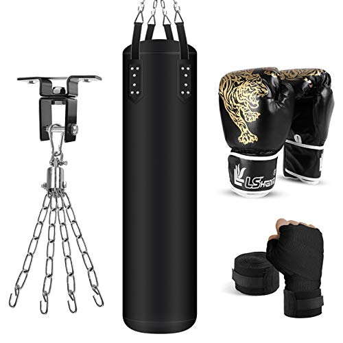 Odoland 6-In-1 Punching Bag UNFILLED Set for Men and Women, 4FT Kick Boxing Heavy Bag with 12OZ Boxing Punching Gloves and Hand Wraps, Punching Bag Hanging Chains and Hanging System