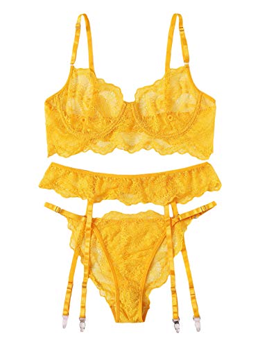 SheIn Women's 3 Piece Floral Lace Lingerie Set with Garter Belts Sexy Bra and Panty Yellow Small