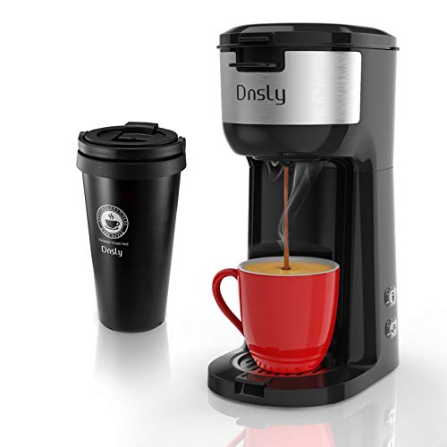 Dnsly Single Serve Coffee Maker attached Travel Mug, 2 in 1 Capsule Pod & Ground Coffee, With BPA Free, Strength Controlled from 6oz to 14oz and Self Cleaning Function