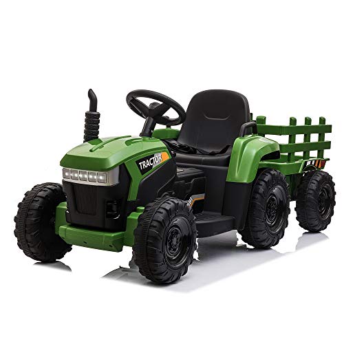 TOBBI 12v Battery-Powered Toy Tractor with Trailer,3-Gear-Shift Ground Loader Ride On with LED Lights and USB&Bluetooth Audio Functions in Dark Green