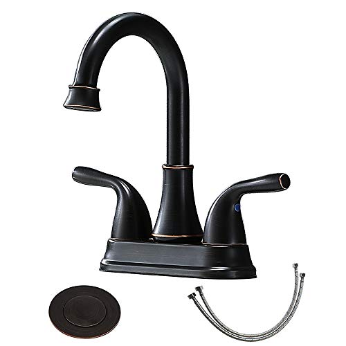 Friho Commercial Lavatory Vanity Two Handle Oil Rubbed Bronze Bathroom Faucet, Lead-Free Bathroom Sink Faucet with Drain Stopper and Water Hoses