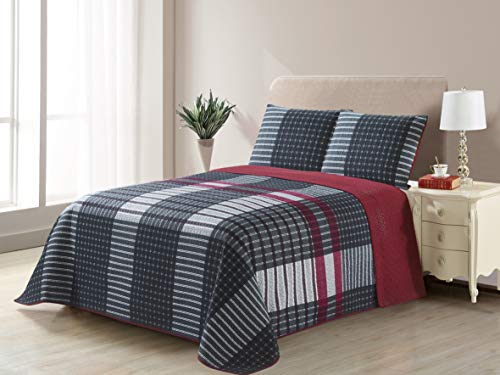 All American Collection New 3pc Plaid Printed Reversible Bedspread/Quilt Set (Full/Queen Size)