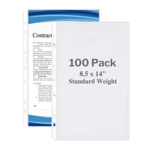 Dunwell Legal Size Sheet Protector - (Standard Weight, 100 Pack), 8.5x14' Legal Paper Sleeves, 7 Hole Punched Fit 3-Ring Binder or 4 Ring Legal Size Binder, Archival Quality, Long Sheet Protectors