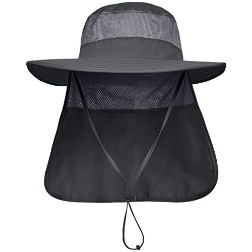 LCZTN Mens UPF 50+ Sun Protection Safari Cap Wide Brim Fishing Hiking Hat with Neck Flap for Garden Work (Dark Grey)