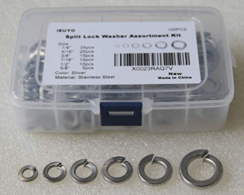 IEUYO 304 Stainless Steel Split Lock Washer Kit, Spring Lock Washer, 6Sizes/100Pcs 1/4' 5/16' 3/8' 7/16' 1/2' 5/8'