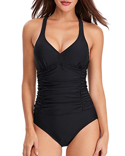 Shuangyu Women's Ruched Tummy Control One Piece Swimsuit Back Cross Swimwear Padded Puch up Bathing Suit with Ruffle Black L