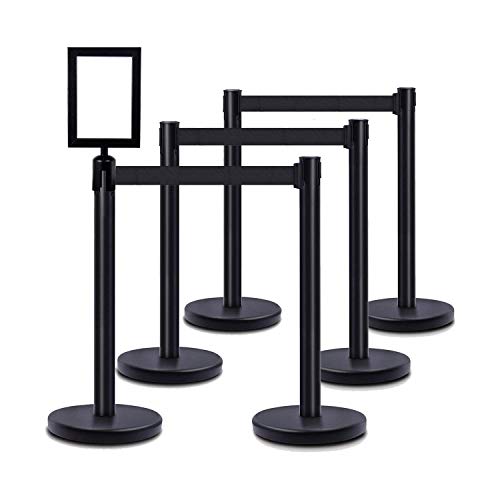 DuraSteel VIP Series Standard Rope Barriers - 6 Pcs Set Heavy Duty Black Tuff Tex Crowd Control Stanchions + Portrait Signframe - 36' H with 6.5 Feet Black Retractable Belt